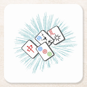 Mahjong Tiles Blue Square Paper Coaster