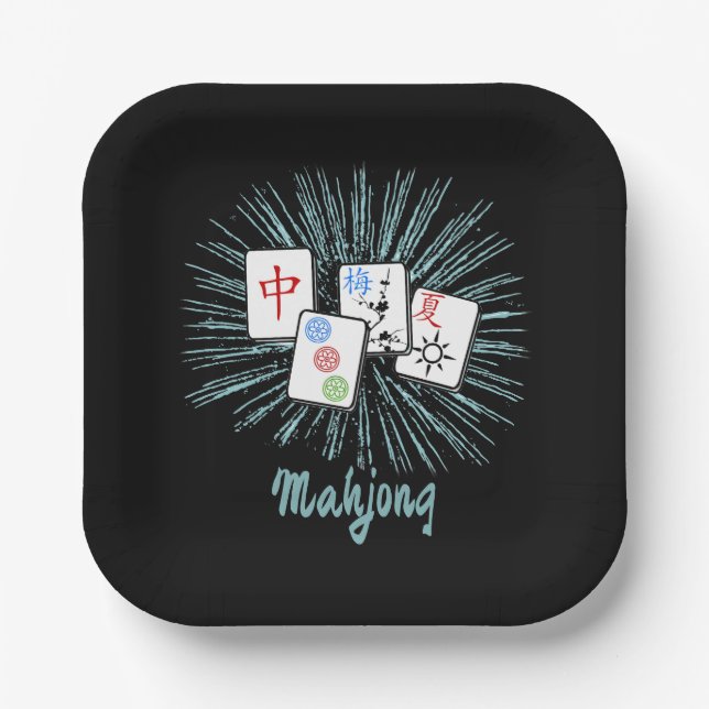 Mahjong Tiles Blue Starburst Custom Paper Plate (Front)