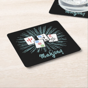 Mahjong Tiles Blue Starburst Custom  Square Paper Coaster