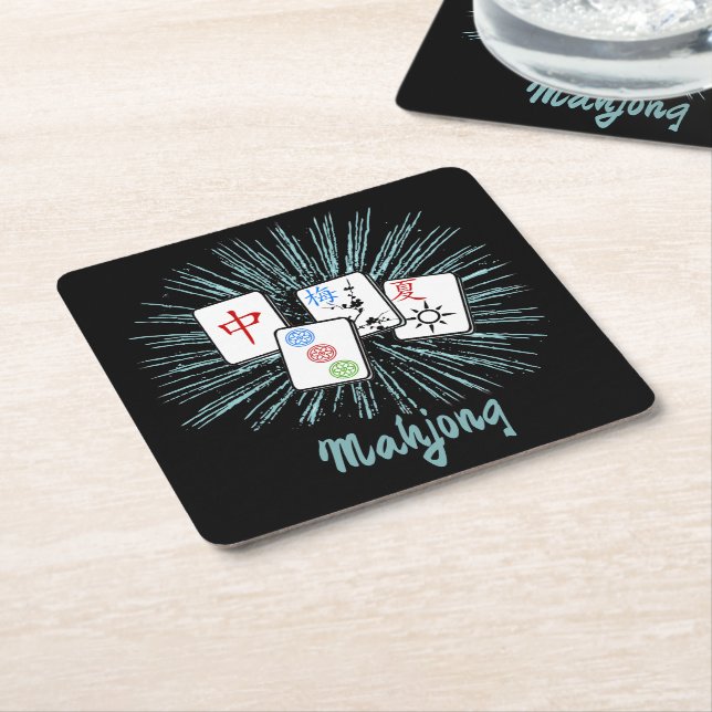 Mahjong Tiles Blue Starburst Custom  Square Paper Coaster (Angled)