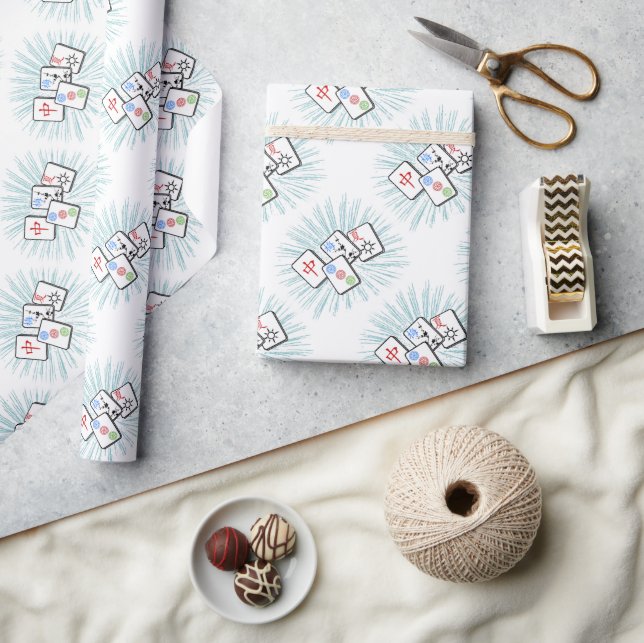 Mahjong Tiles Blue Wrapping Paper (Crafts)