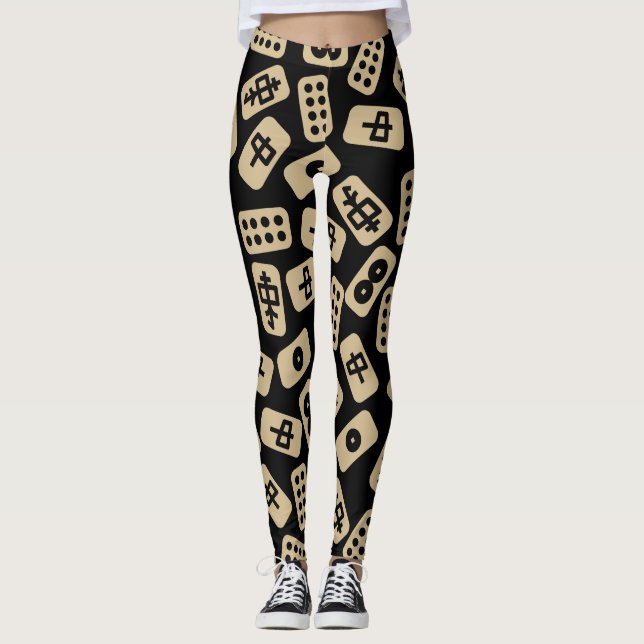 Mahjong Tiles Brown on Black Leggings (Front)