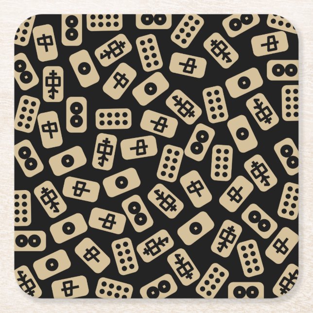 Mahjong tiles brown on black square paper coaster (Front)