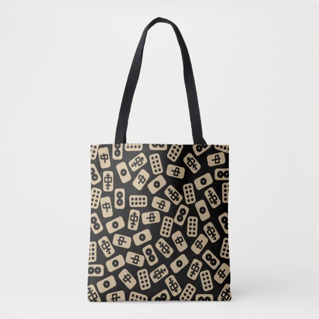 Mahjong tiles brown on black tote bag (Front)
