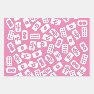 Mahjong tiles white on pink, brown and black wrapping paper sheet