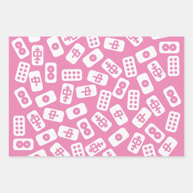Mahjong tiles white on pink, brown and black wrapping paper sheet (Front)