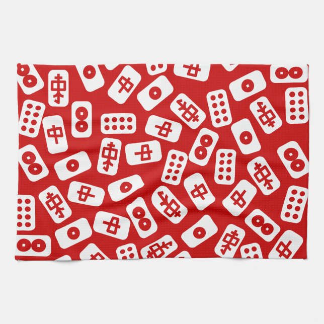 Mahjong tiles white on red kitchen towel (Horizontal)