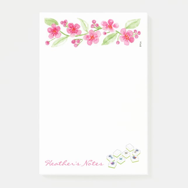 Mahjong Watercolor Cherry Blossom Flowers NAME Post-it Notes (Front)