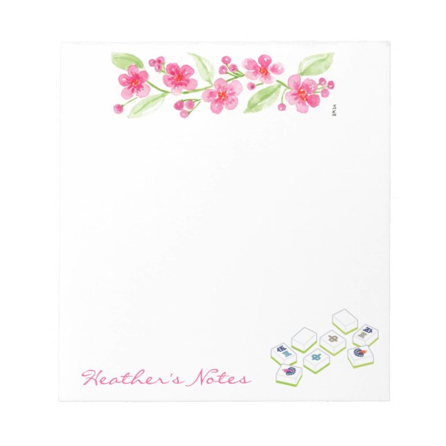 Mahjong Watercolor Flower Blossoms NAME Notepad (Front)