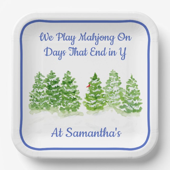 MAHJONG Watercolor Winter Trees Blue PERSONALIZE  Paper Plate (Front)