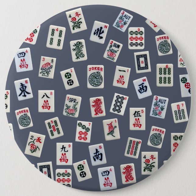 MahJongg tiles design on dark blue 6 Inch Round Button (Front)