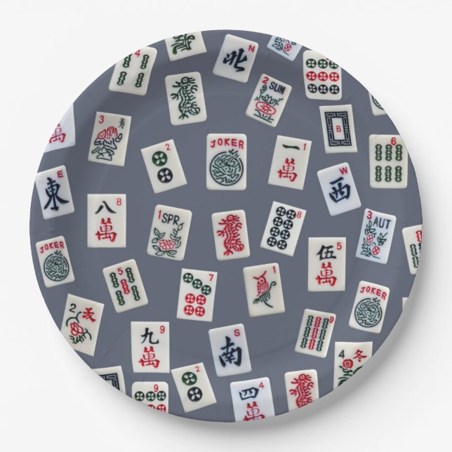 MahJongg tiles design on dark blue Paper Plate (Front)