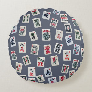 MahJongg tiles design on dark blue Round Pillow
