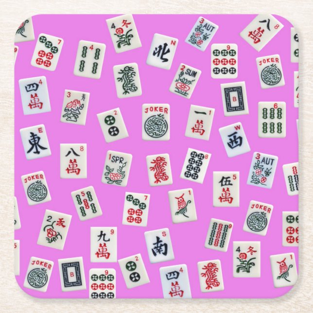 MahJongg tiles on pink background Square Paper Coaster (Front)