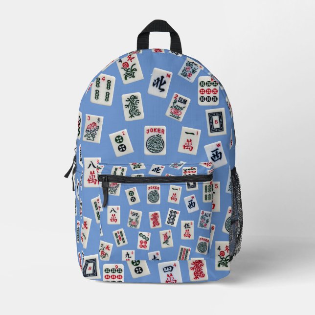 Mahjongg tiles symbols design on blue printed backpack (Front)