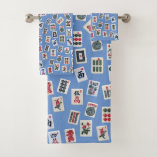 MahJongg tiles (symbols) on blue Bath Towel Set