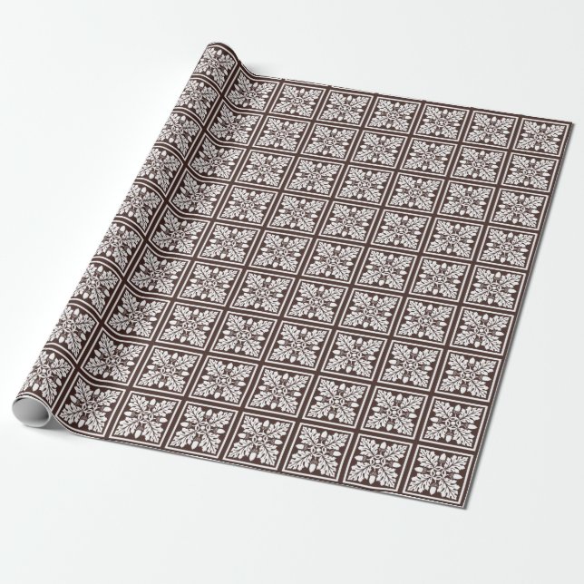 Mahogany Acorn and Leaf Tile Design Wrapping Paper (Unrolled)