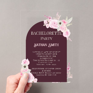 Mahogany Floral Arch Summer Bachelorette Party Acrylic Invitations
