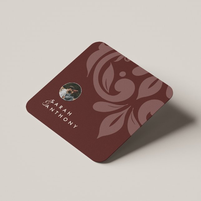 Mahogany Red Classic Minimal Damask Photo Wedding Square Paper Coaster (Creator Uploaded)