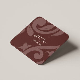 Mahogany Red Classic Script Damask Wedding Square Paper Coaster