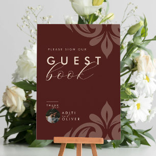 Mahogany Red Elegant Damask Photo Guestbook Sign