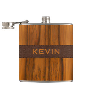 Mahogany wood and brown leather tecture hip flask