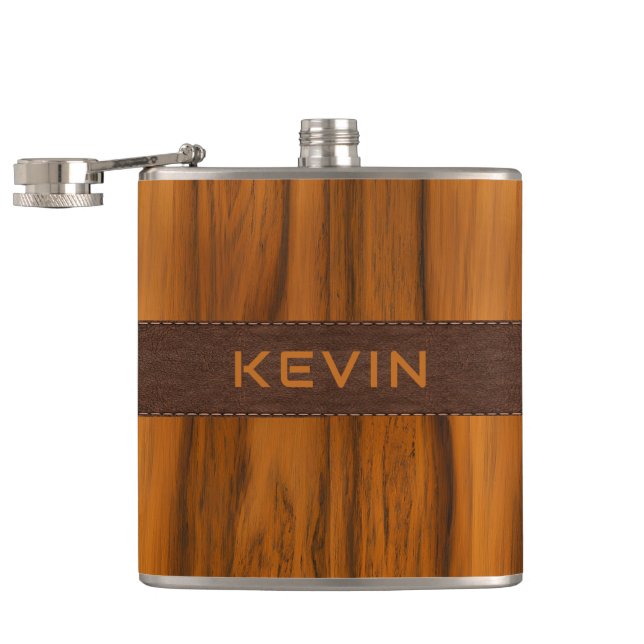 Mahogany wood and brown leather tecture hip flask (Opened)