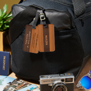 Mahogany Wood And Brown Leather Texture Monogram  Luggage Tag