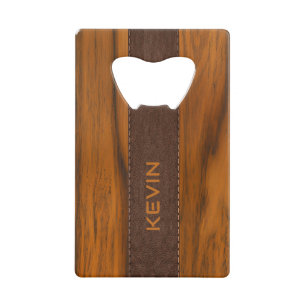 Mahogany Wood And Leather Texture Monogram Credit Card Bottle Opener