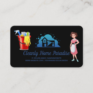 Maid Cleaning House Logo and Cleaner Worker Business Card