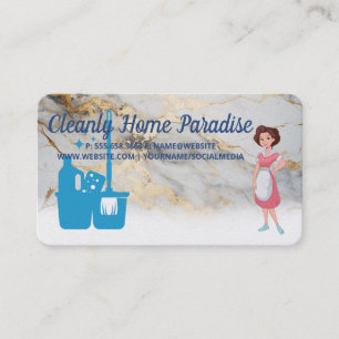 Maid Cleaning House Logo   Marble Background Business Card