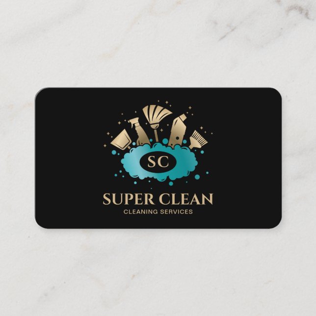 Maid Cleaning House Sparkling  Gold Monogram Business Card (Front)
