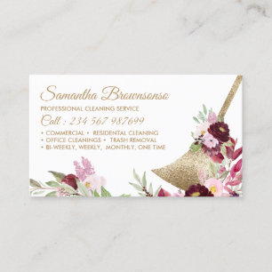 Maid Cleaning House Sparkling Gold Pink Floral Business Card