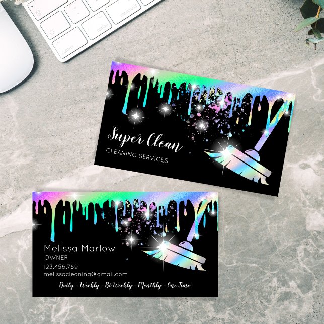 Maid Cleaning House Sparkling Holograph Drips Business Card (Creator Uploaded)