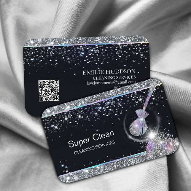 Maid Cleaning House Sparkling Holograph QR code  Business Card (a symbol of trust and quality in-home cleaning #maid #holograph #sparkles #glittersilver)