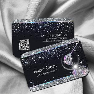 Maid Cleaning House Sparkling Holograph QR code  Business Card