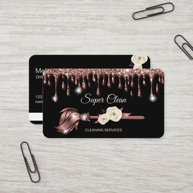 Maid Cleaning House Sparkling rose gold Business C Business Card (Front/Back In Situ)