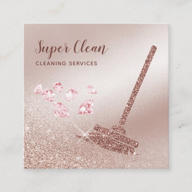 Maid Cleaning House Sparkling Rose Gold Business C Square Business Card (Front)