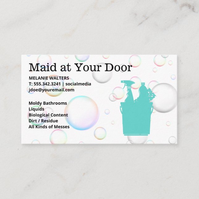 Maid | Cleaning Service Logo | Soap Bubbles Business Card (Front)