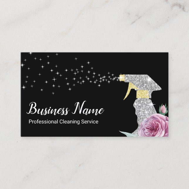 Maid Cleaning Service Silver Spray Pink Floral Business Card (Front)