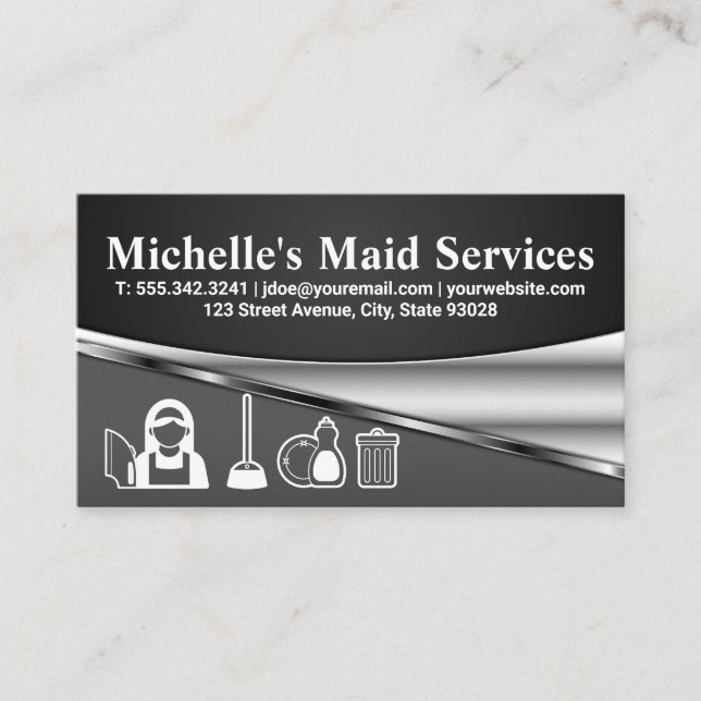 Maid Cleaning Supplies | Grey Metallic Business Card (Front)