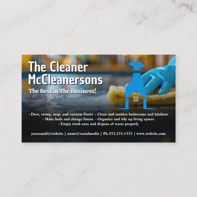 Maid Cleaning The Kitchen Counter | Spray Logo Business Card (Front)