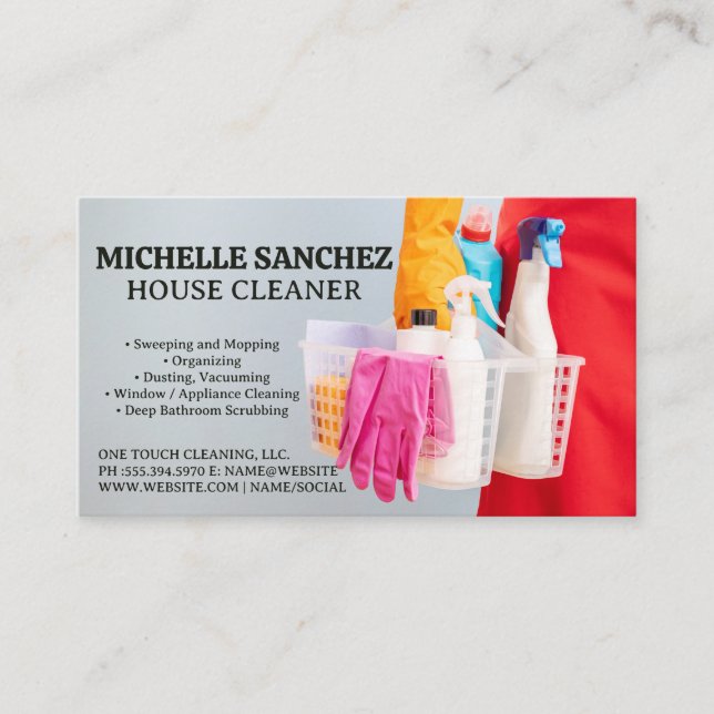 Maid Holding Basket of Cleaning Products Business Card (Front)