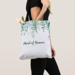 Maid honour wedding eucalyptus greenery green tote bag<br><div class="desc">White background.  Decorated with eucalyptus greenery foliage and woodland fern. With the text: Maid of honour.</div>