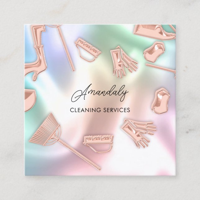 Maid House Cleaning Office Services Logo Holograph Square Business Card (Front)