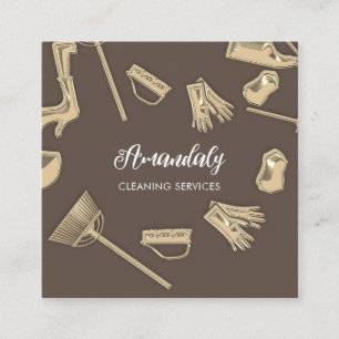 Maid House Cleaning Office Services QR Code Brown Square Business Card