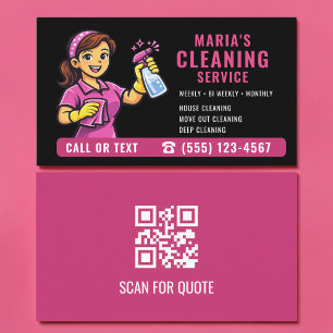 Maid House Cleaning Pink Black QR Code Business Card