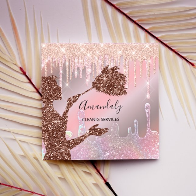 Maid House Cleaning Services Logo Drips Rose Glam Square Business Card (Maid House Cleaning Services Logo Drips Rose Glam Square Business Card)