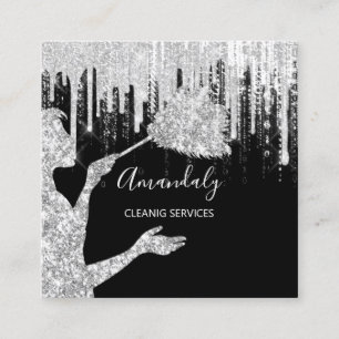 Maid House Cleaning Services Logo Grey  Drip Black Square Business Card