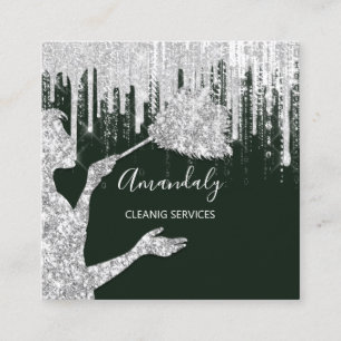 Maid House Cleaning Services Logo Grey  Drip Grey Square Business Card